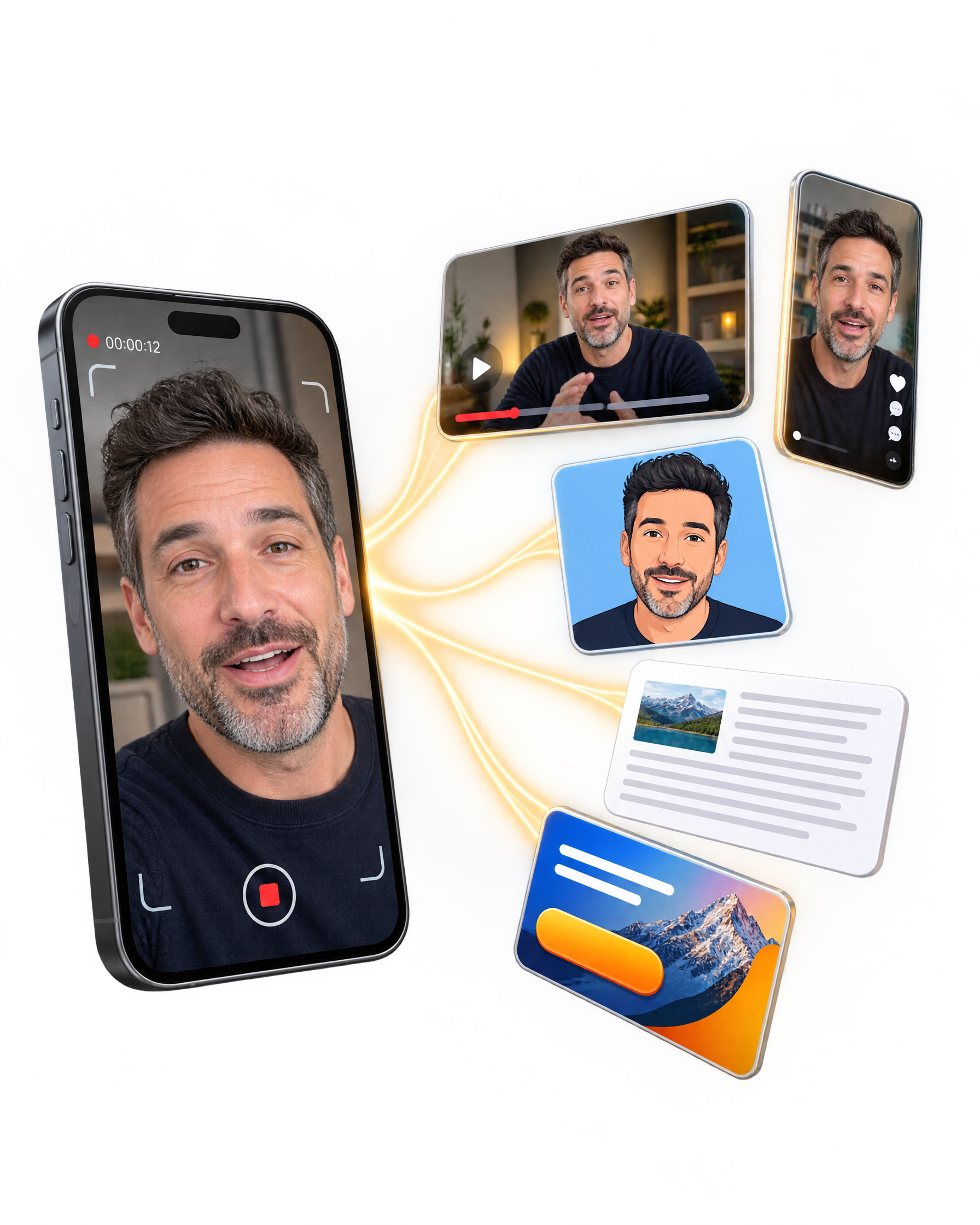 A phone recording a founder's selfie video, with that single recording branching into a longform video, a shortform clip, an animated version, a written post, and an ad